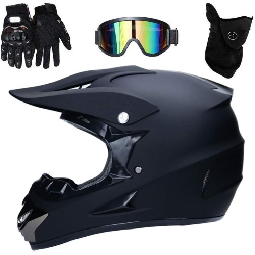 UIGJIOG Motocross Helm Matte Schwarz, Herren Crosshelm mit Brillen Maske Handschuhe, Unisex Fullface Cross Helm Downhill Quad Enduro ATV Motorrad Schutzhelm für Herren Damen