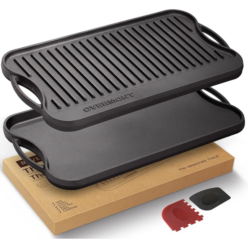 OVERMONT Cast Iron Grill Plate Cast Iron Double-Sided Grill with Handles 43.2 x 24.9 cm for BBQ Oven Cooker Charcoal Grill Gas Grill