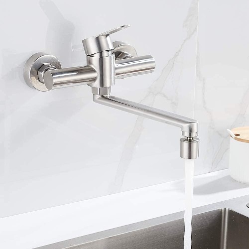 Wall Kitchen Tap 360° Rotatable 304 Stainless Steel Tap Kitchen Wall Fitting Sink Mixer Tap Wall Mounted Single Lever Mixer Tap for Kitchen with Swivel Spout, Silver
