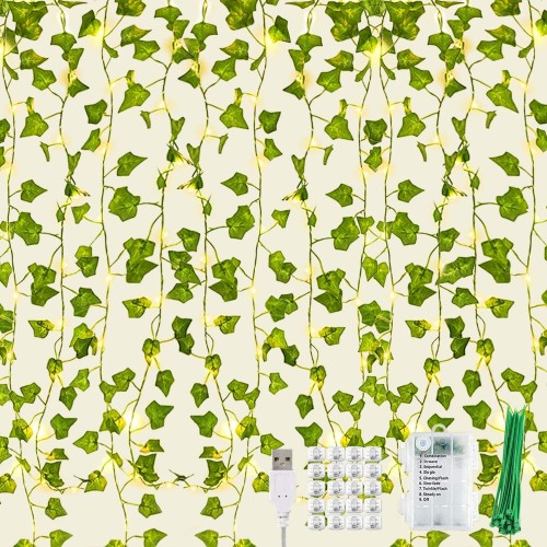 KASZOO Pack of 12 Ivy Artificial Fairy Lights, Ivy Garland with 252 LEDs Fairy Lights, Curtain LED for Wedding, Office, Garden, Party, Wall Decoration