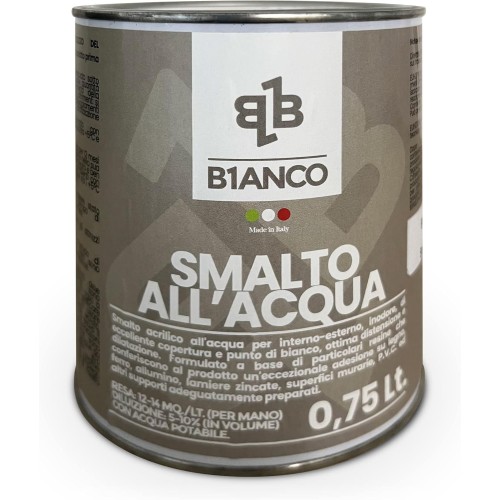 B1anco Weißer Lack auf Wasserbasis für innen und außen, geruchsneutral, perfekt auf Holz, Eisen, Aluminium und PVC, 0,75 l