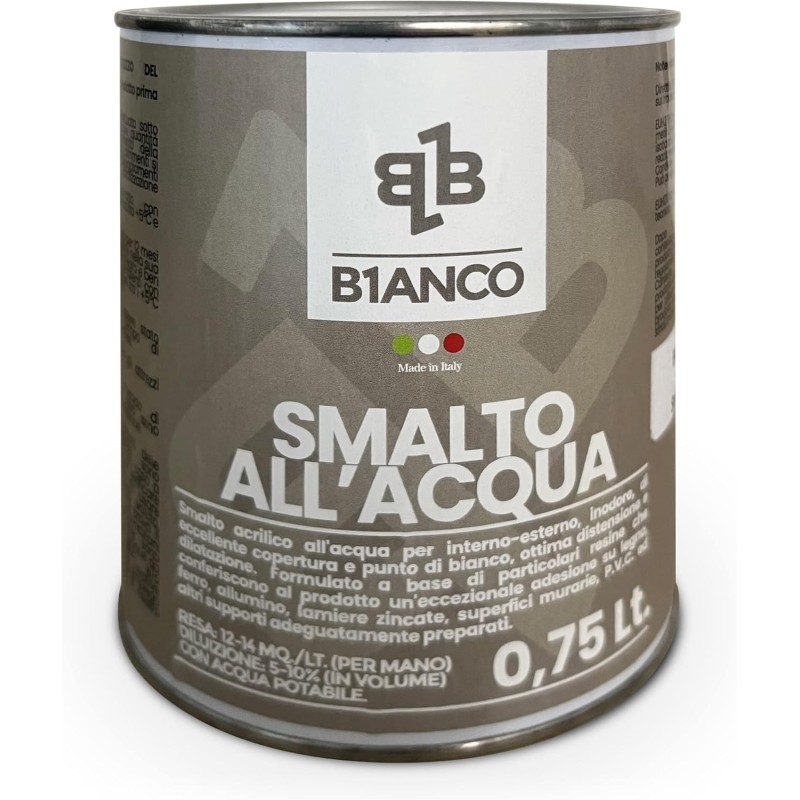 B1anco Weißer Lack auf Wasserbasis für innen und außen, geruchsneutral, perfekt auf Holz, Eisen, Aluminium und PVC, 0,75 l