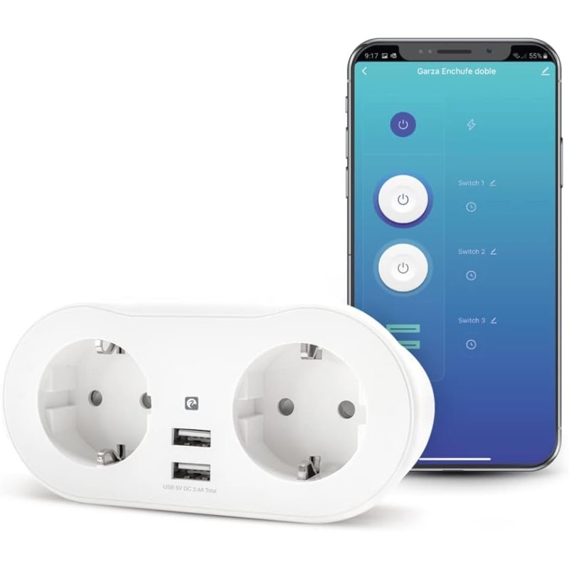 GARZA ENCHUFE SMART WIFI 2 TOMAS Y 2 USB, Power Diode, White