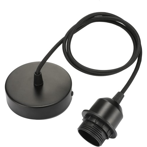 Linkind Lamp Suspension E27 with Screw Ring, 100 cm Textile Cable Height Adjustable, Lampshade Freely Selectable Pendant Light with E27 Socket, Lamp Holder Ideal for Ceiling Light Living Room, Black