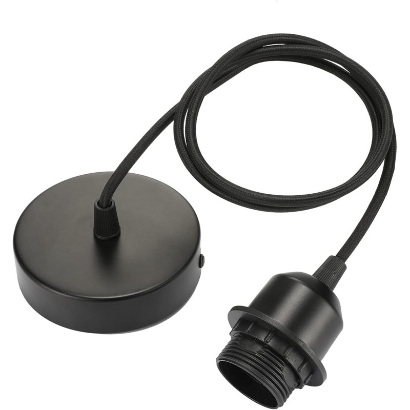 Linkind Lamp Suspension E27 with Screw Ring, 100 cm Textile Cable Height Adjustable, Lampshade Freely Selectable Pendant Light with E27 Socket, Lamp Holder Ideal for Ceiling Light Living Room, Black