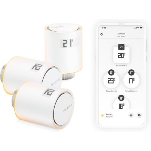 Netatmo Pack of 3 Connected and Intelligent Thermostat Heads, Accessories for Connected and Intelligent Thermostats, Thermostat Valves for Radiators, NBU-NAV-EU