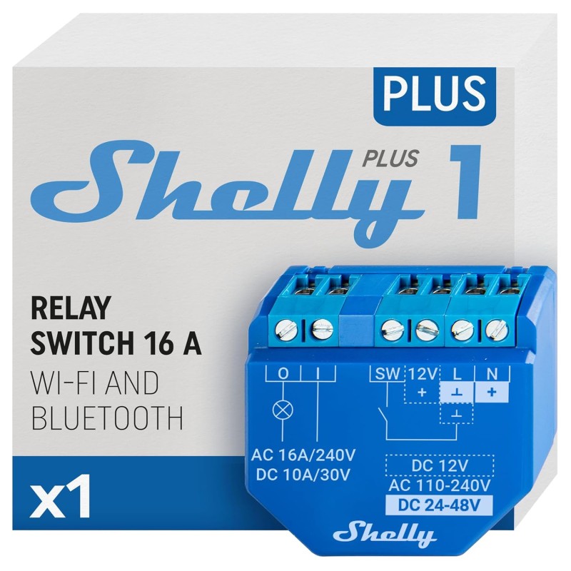 Shelly Plus 1 | WiFi & Bluetooth Smart Relay Switch – 16A | Dry Contact | Light Switch | Home Automation | Compatible with Alexa & Google Home | iOS Android App | No Hub Required