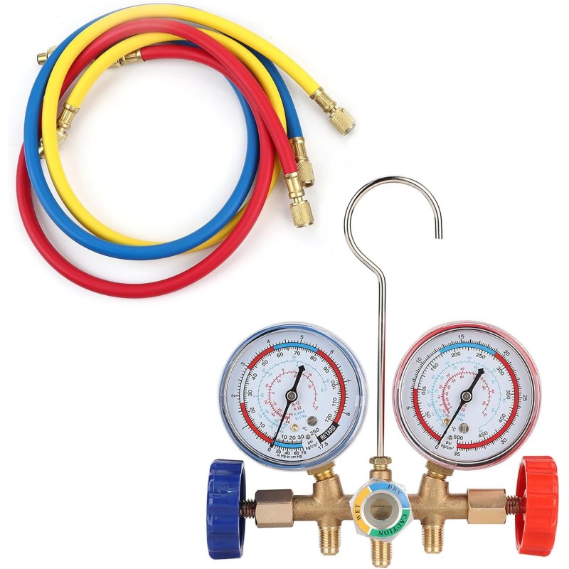 Coolant Air Conditioner Tools, AC Diagnostic Manifold Gauge with Hose and Hook Kit, Coolant Refill Hose Gauge