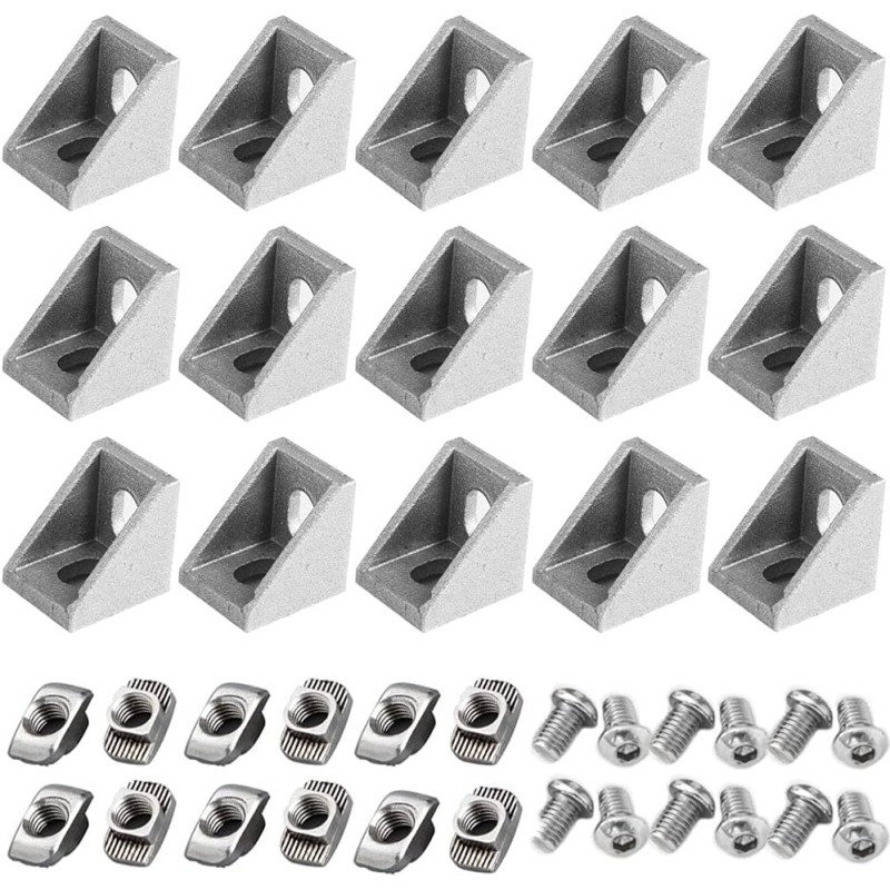 Gativs Corner Brackets, Pack of 15, Aluminium Profile, Corner Brackets, L Right Angle Angle Aluminium Angle 20 x 20 x 17 mm with M5 T-Nut and M5 Allen Screw for Industrial Construction Industry