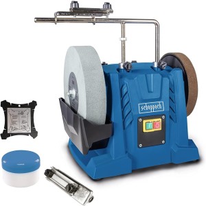 Scheppach Tiger 7000s Wet Grinding System Wet Grinding Machine with 200 W Induction Motor, Corundum Grinding Stone 250 x 50 mm 220 Grit Includes Universal Device Abrasive Paste and Angle Gauge