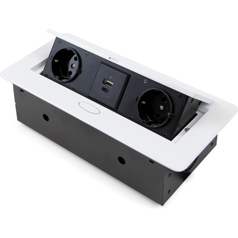 Emuca - Table Power Strip, 2 EU Plugs + 1 USB Tipo A + 1 USB Tipo C, 265 x 120 mm, Steel and Aluminium, White