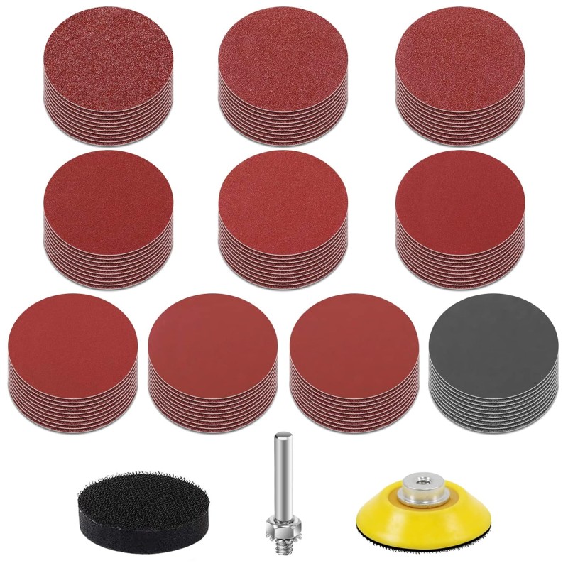 KONGMING Pack of 100 Velcro Sandpaper 2 Inch 50 mm Grit 80/120/180/240/320/400/600/1000/2000/3000 Sanding Discs Pad Kit Polishing Pad Adapter