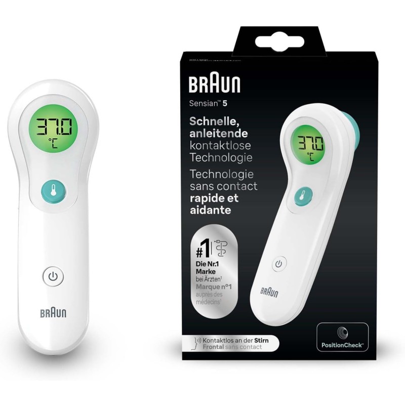 Braun Sensian 5 Contactless Forehead Thermometer Positioning Aid Colour Coded Digital Display 2 Second Measurement Suitable for Babies and Children The #1 Brand in Doctors (1) BNT300