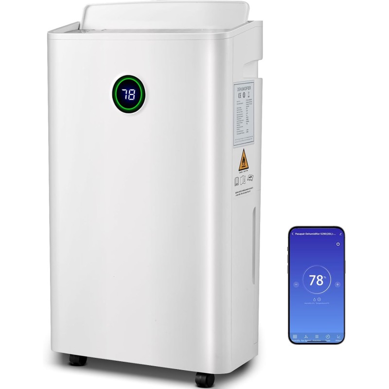 pasapair Dehumidifier 20L in 24h Dehumidification Performance - Automatic Dehumidifier for Rooms up to 195 m³ (~30 m²) with 3 Operating Modes, Digital Display, Drain Hose, Timer Against Moisture,
