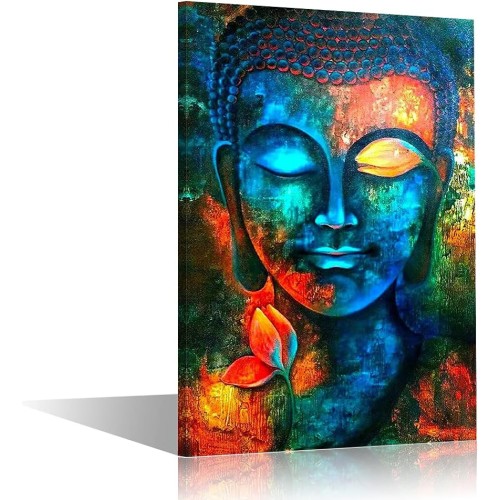 TISHIRON Wall Decor, Colorful Abstract Buddha Head Wall Art Zen Poster Modern Home Decor Living Room Study Bedroom Canvas Prints Painting Decoration 24x16 inch