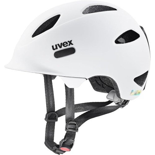 Uvex oyo Lightweight Bicycle Helmet for Children, Individual Size Adjustment, Expandable with LED Light, White-Black Matte, 50–54 cm