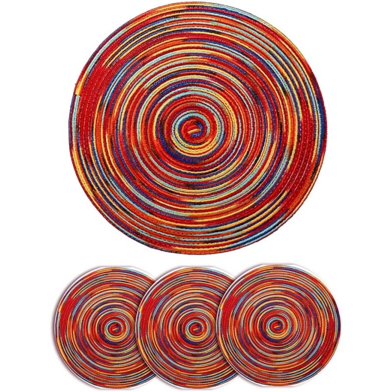 Alnicov Colorful Round Placemats 30cm Set of 4 Woven Rattan Heat Resistant Dining Table Holiday Christmas Kitchen Table Rainbow