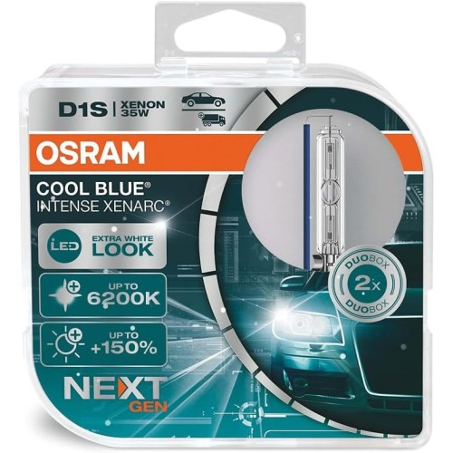 Osram Xenarc Cool Blue Intense D1S, +150% More Brightness, up to 6200 K, Xenon Headlight Bulb, LED Look, Duo Box (2 Bulbs)