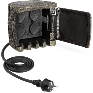 Navaris 4-Way Garden Socket Distributor in Wood Look - 4 x Outdoor Socket Power Distributor - Garden Socket Multiple Socket Distributor