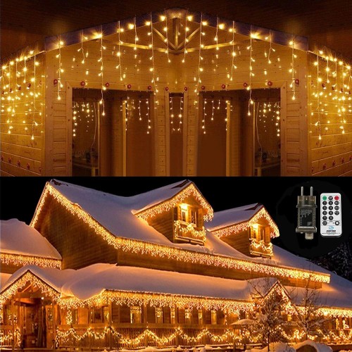 Qedertek 432 LED Icicle Fairy Lights Outdoor / Indoor 10.8 m Icicle Light Curtain Christmas Lighting, 8 Modes, Timer, Dimmable Fairy Lights with Remote Control, Christmas Decoration, Balcony (Warm White)