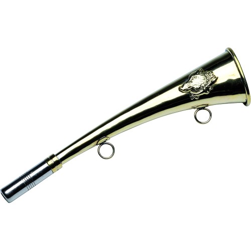 Januel Hunting Horn - Flat Horn - Hunting Horn in Strike - Length 25cm - Welded Transport Rings - Wild Boar Decor - Gold Plated Brass - Interchangeable Whistle