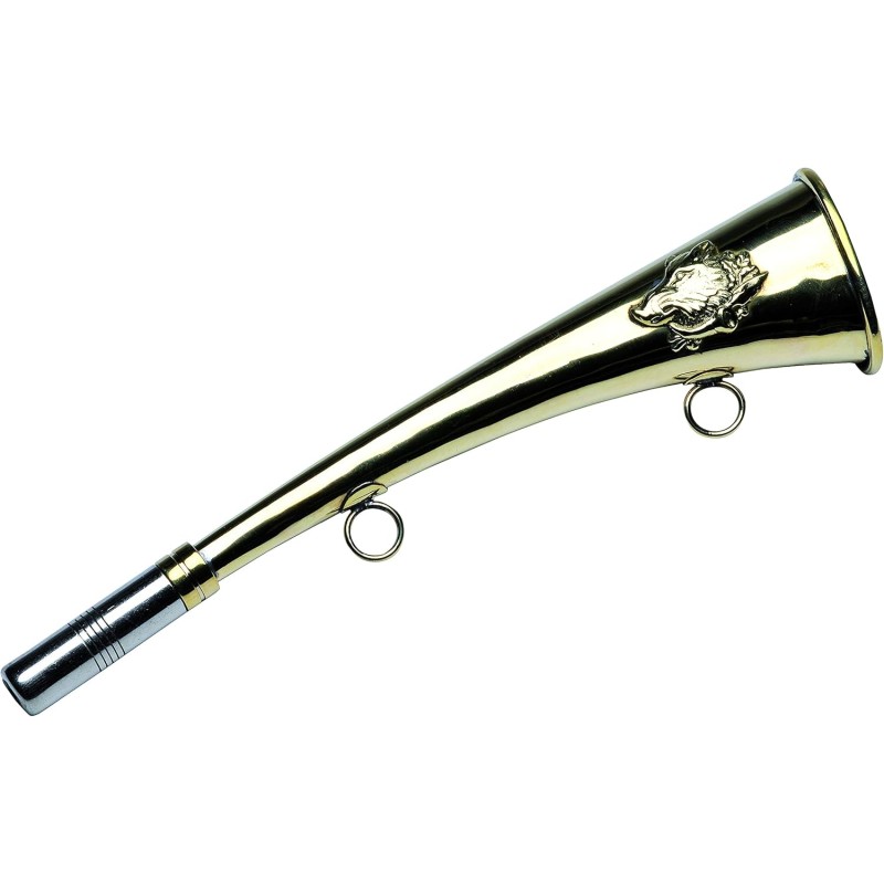 Januel Hunting Horn - Flat Horn - Hunting Horn in Strike - Length 25cm - Welded Transport Rings - Wild Boar Decor - Gold Plated Brass - Interchangeable Whistle