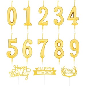 Birthday Number Candles, Pack of 10 Cake Candles, Number 0 to 9, Cake Topper Decoration for Birthday Party (Gold + Cake Topper)