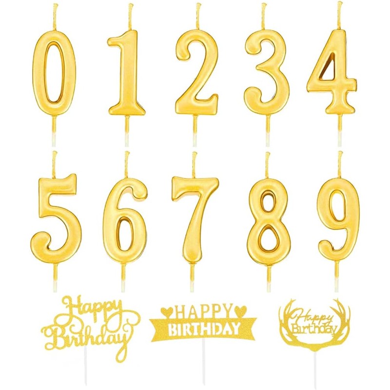 Birthday Number Candles, Pack of 10 Cake Candles, Number 0 to 9, Cake Topper Decoration for Birthday Party (Gold + Cake Topper)