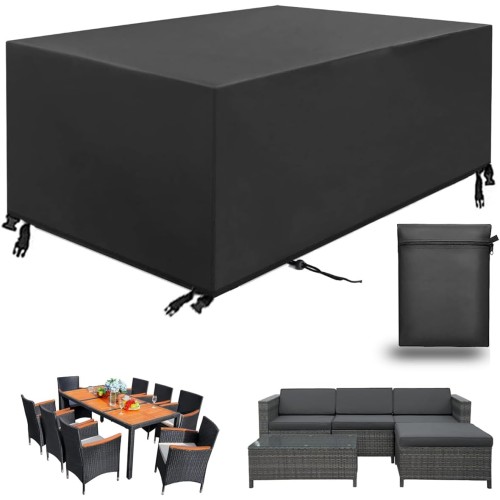 Aipwerer Покривало за градински мебели, водоустойчиво, брезент за градински мебели, зимоустойчиво, 420D защитно покривало за градинска маса, градински мебели, маса, правоъгълно (черно, 270 x 180 x 89 cm, 420D)