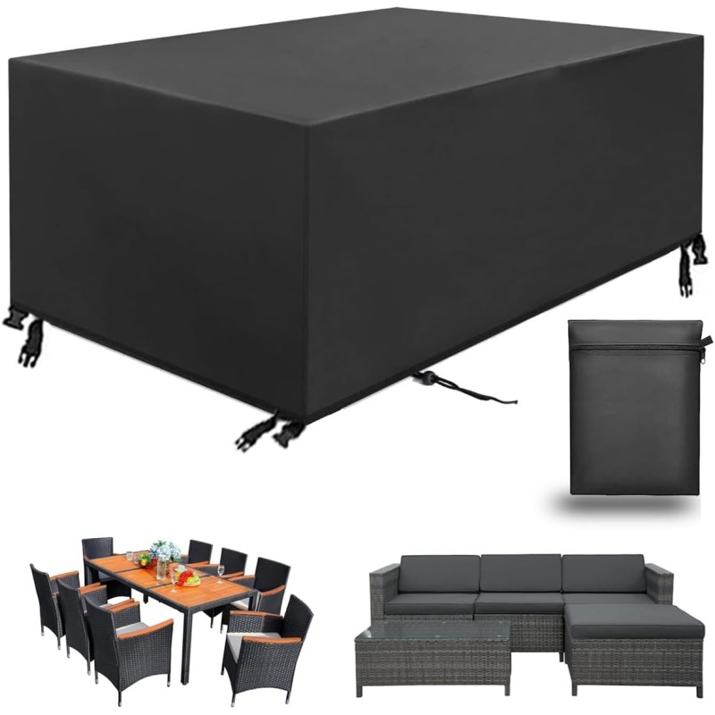 Aipwerer Покривало за градински мебели, водоустойчиво, брезент за градински мебели, зимоустойчиво, 420D защитно покривало за градинска маса, градински мебели, маса, правоъгълно (черно, 270 x 180 x 89 cm, 420D)