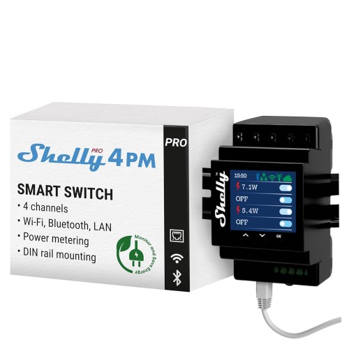 Shelly Pro 4PM WiFi & LAN 4-Channel Relay Switch with Power Measurement - 40A | DIN Rail | Alexa & Google Home | iOS Android App | Remote Control | Home Automation | No Hub Required