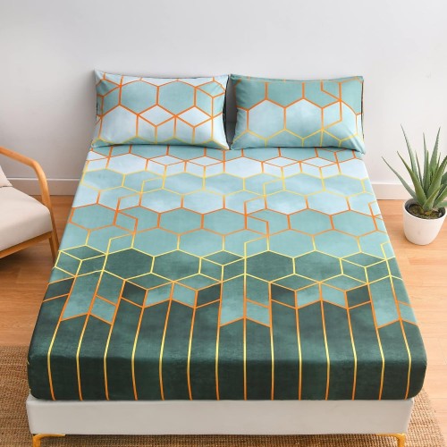 Luofanfei Microfibre Fitted Sheet, 120 x 200 cm, Green, Dark Green, Geometric Pattern, Striped, Checked, for Mattresses up to 25–30 cm Deep