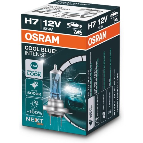 OSRAM Cool Blue® Intense H7 Bulb, 100% More Brightness, Up to 5,000 K, Halogen Headlight Bulb, LED Look, Folding Box, 1 Lamp