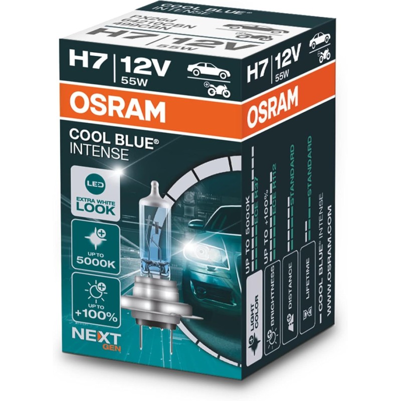 OSRAM Cool Blue® Intense H7 Bulb, 100% More Brightness, Up to 5,000 K, Halogen Headlight Bulb, LED Look, Folding Box, 1 Lamp