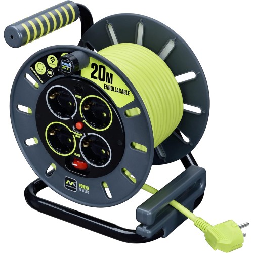 Masterplug Pro-XT 4-посочна отворена намотка за кабел с намотана дръжка, термично изрязване и прекъсвач, 20-метров кабел с висока видимост - зелен