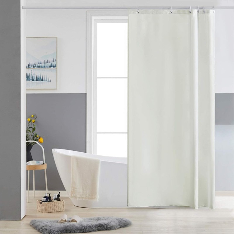 Furlinic Textile Shower Curtain, Anti-Mould Washable Bathroom Curtain, Polyester Fabric Waterproof Curtain for Corner Bathtub, Beige, Small, 90 x 180 cm, with 6 Shower Curtain Rings