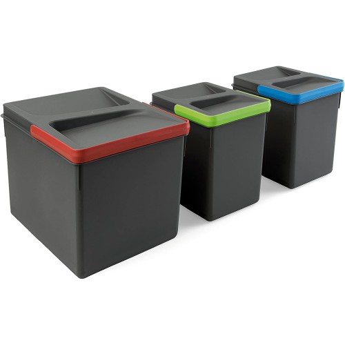 Emuca - Recycle Container for Kitchen Drawer, Height 216, 1x12L + 2x6L, Anthracite Grey Plastic, Plastic