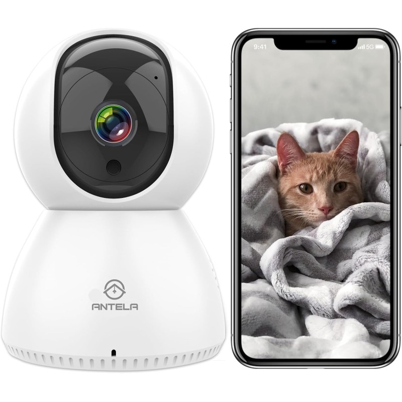 ANTELA WiFi IP Camera Indoor 355°/90° Swivelling PTZ Surveillance Camera Indoor 2.4 GHz WiFi, 2-Way Audio, IR Night Vision, Motion Detection, Compatible with Alexa