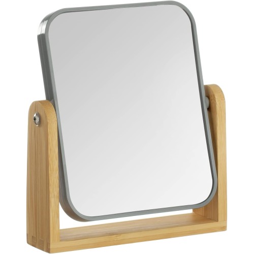 YEAKE Double Sided Makeup Mirror with 3x Magnification and Bamboo Stand, Small Table Mirror with 360° Rotation, Portable Cosmetic Mirror, Good for Tables, Travel, Grey