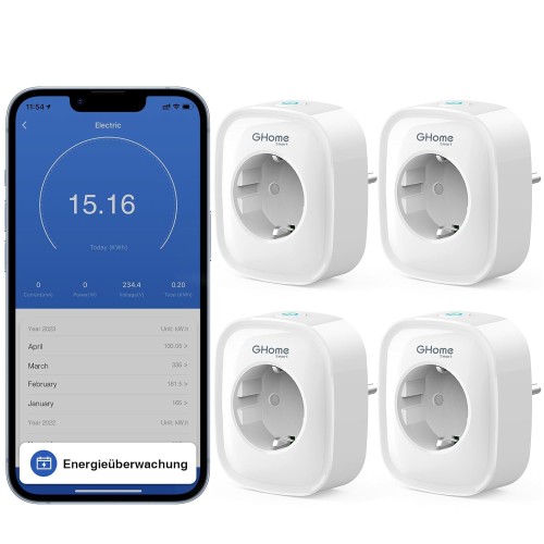 GHome Smart WLAN Socket 16A, Smart Home Socket Works with Alexa/Google Home, Power Consumption Measurement, App & Voice Control, Schedule and Timer Socket, Pack of 4, Only on 2.4GHz WiFi