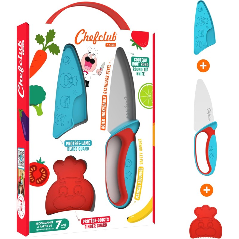 Chefclub Kids Knife for children, blue and red, children's knife with finger guard, blade guard and ergonomic handle, children's kitchen knife, kitchen utensils for children, for toddlers
