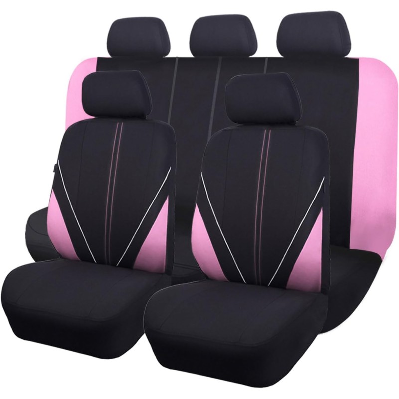 Flying Banner Universal Breathable Mesh Car Seat Covers Full Set Airbag Compatible Cushion Protector (Black and Pink)