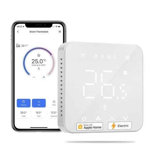 Smart Electric Thermostat, Underfloor Heating, WLAN Room Thermostat Compatible with HomeKit, Alexa and Google, Voice Mission, Remote Control and Schedule, LED Touchscreen Digital