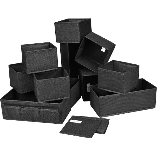 DIMJ Pack of 12 Storage Boxes, Drawer Organiser for Socks, Underwear, Foldable Fabric Storage Boxes for Cupboard, Tables, Drawers Organiser System (Black)