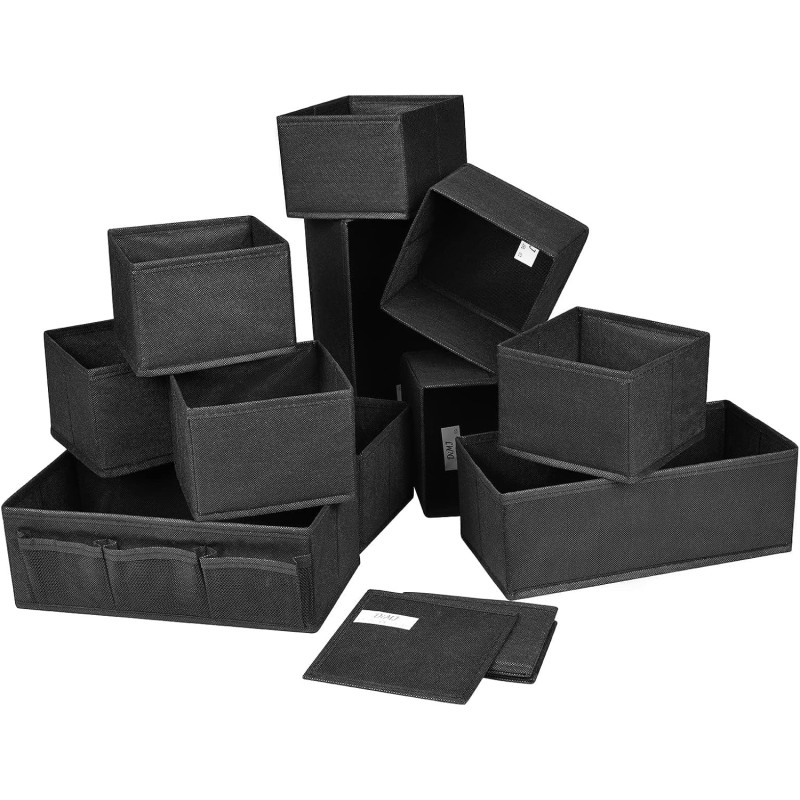 DIMJ Pack of 12 Storage Boxes, Drawer Organiser for Socks, Underwear, Foldable Fabric Storage Boxes for Cupboard, Tables, Drawers Organiser System (Black)