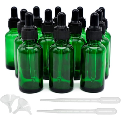 inheming Pack of 12 Glass Pipette Bottles, 30 ml, Green Dropper Bottle with Glass Pipette, Apothecary Bottle, Small Glass Bottle, Dropper Bottle, for Essences, Oils, Perfume Extracts