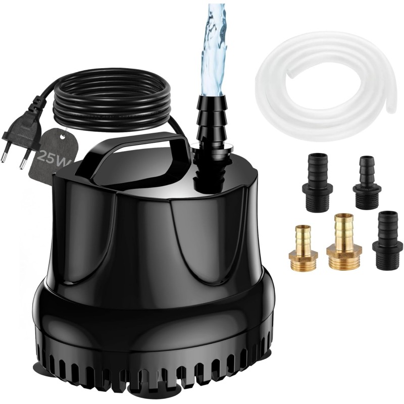 Lnicez Mini Submersible Water Pump, 25 W, 1500 l/h Max., for Aquariums, Gardens, Ponds, Fountains, Black