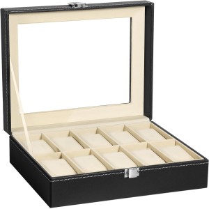 Uten Watch Box for 10 Watches, Glass Lid, Watch Case, Removable Watch Cushion, Metal Clasp, Gift Idea, PU Cover in Black, Beige Lining