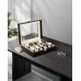 Uten Watch Box for 10 Watches, Glass Lid, Watch Case, Removable Watch Cushion, Metal Clasp, Gift Idea, PU Cover in Black, Beige Lining