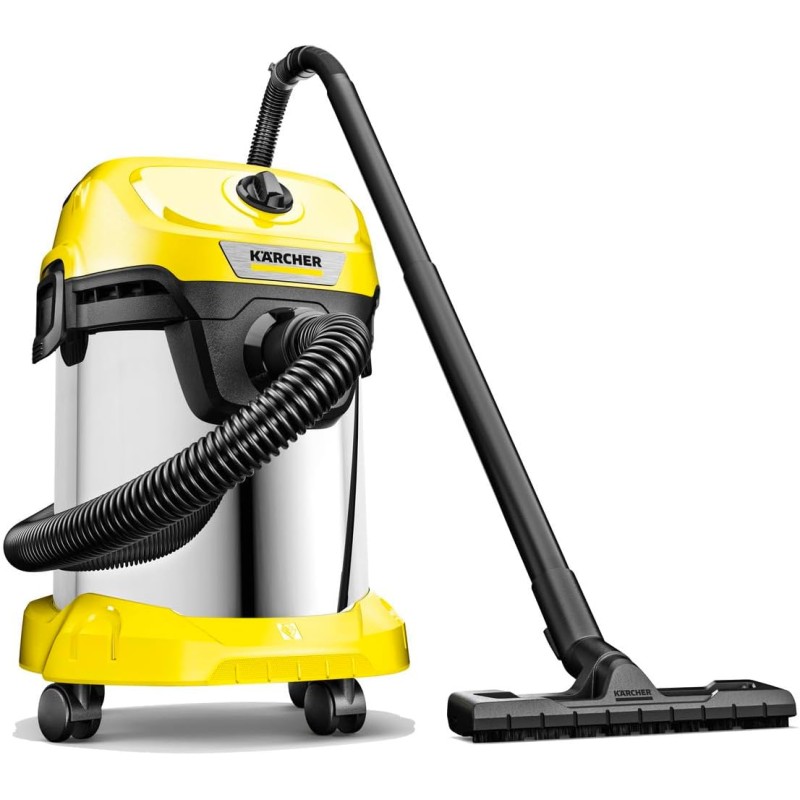 Kärcher WD 3 S V-17/4/20 Wet/Dry Vacuum Cleaner with Cartridge Filter, Fleece Filter Bag, 1000 W, 2 m and Hose Storage, Blow Function, Floor and Crevice Nozzle, Black, Yellow
